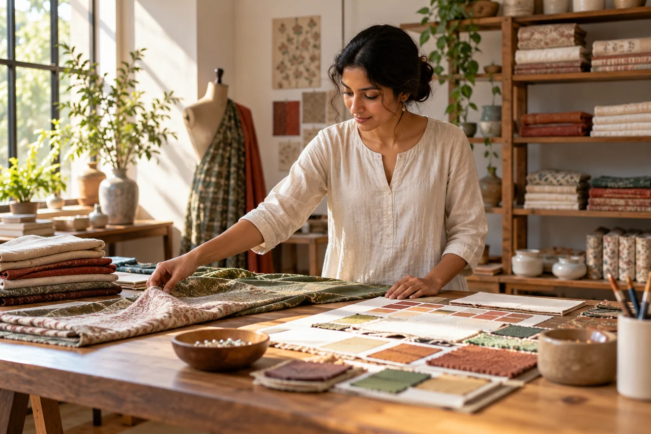 A material studio worktable with paints and surface samples