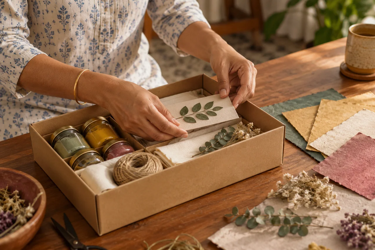 Hands assembling a creative materials kit