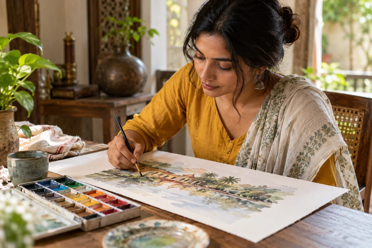 An artist testing a wash on a paper study