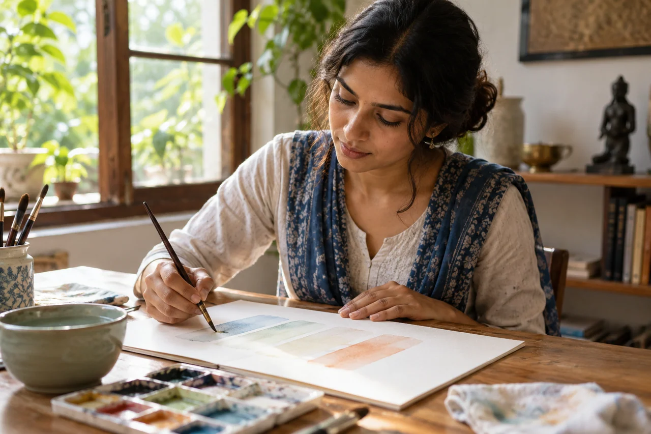 Artist testing transparent washes on blank practice paper