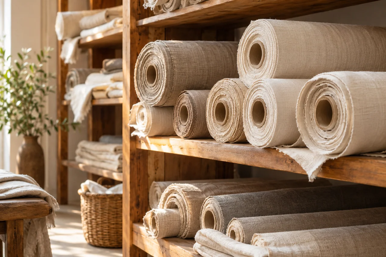 Rolled linen canvases on timber shelving Rolled linen canvases on timber shelving