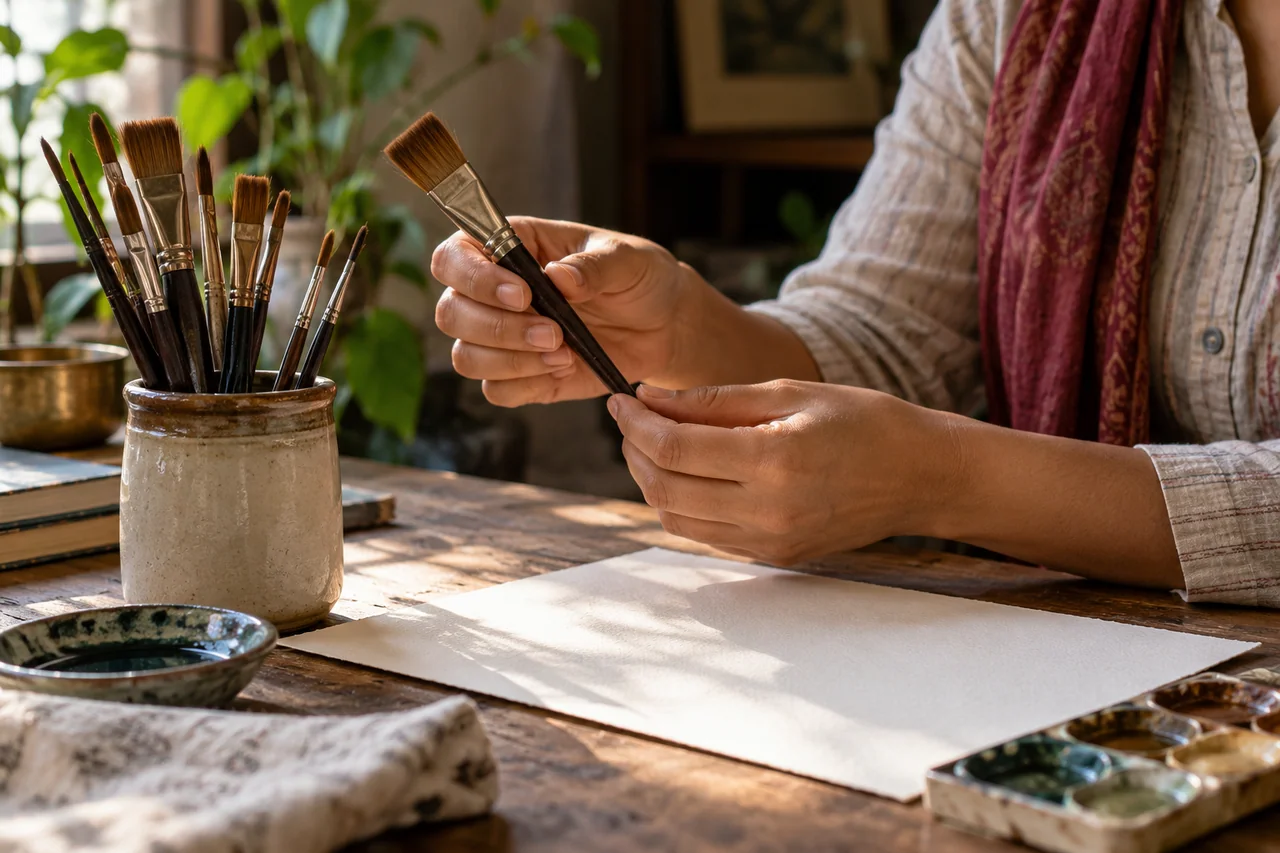 Hands choosing a brush width for a paper study Hands choosing a brush width for a paper study