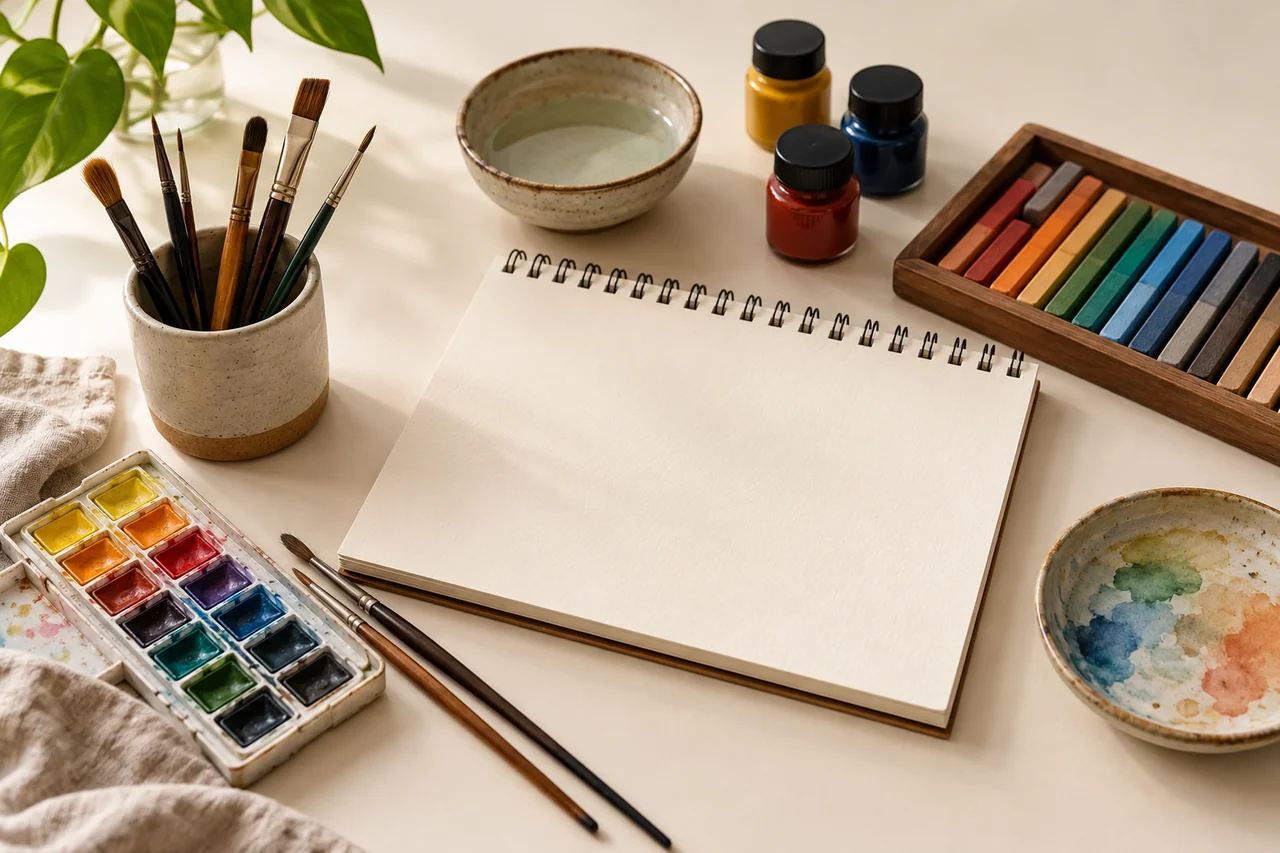 Tidy art kit components arranged on cream background Tidy art kit components arranged on cream background